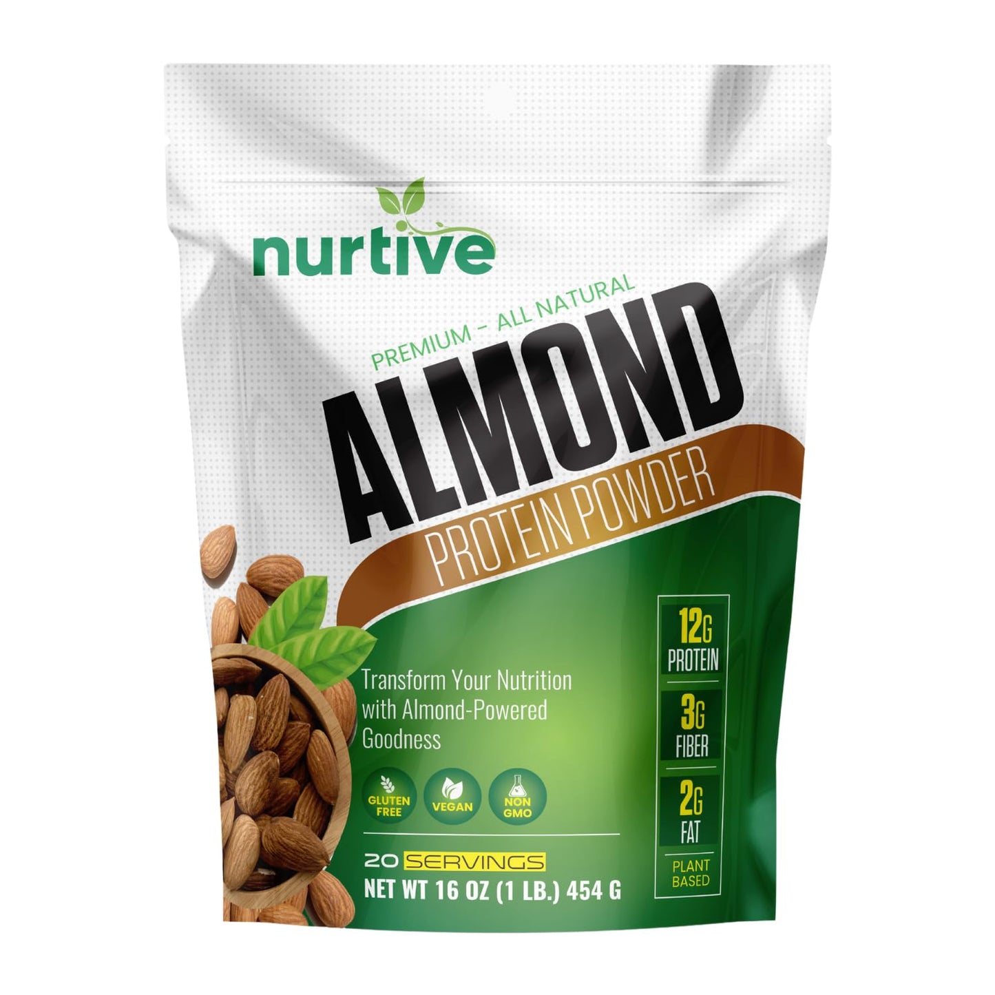 NURTIVE Almond Protein Powder - Rich in Antioxidants & Plant-Based - Nutritional Boost for Smoothies & Baking - Gluten Free, Non-GMO & Free from Artificial Additives - 20 Servings (16 oz / 454 g)