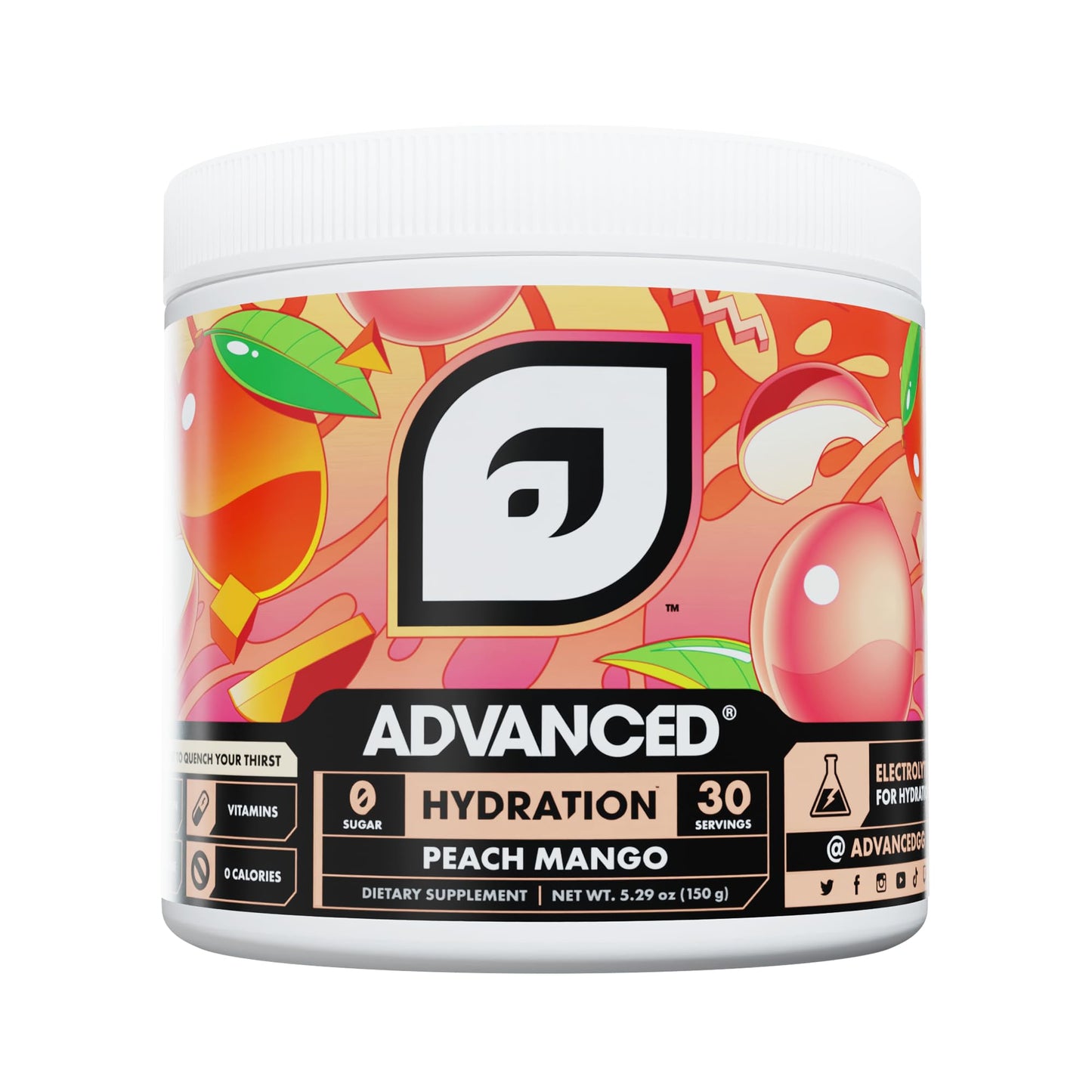 Hydration by Advanced - High-Performance Electrolyte Drink Mix with B Vitamins for All-Day Hydration - Caffeine Free, Zero Calories, Sugar Free, & Keto Friendly - (30 Servings, Peach Mango)