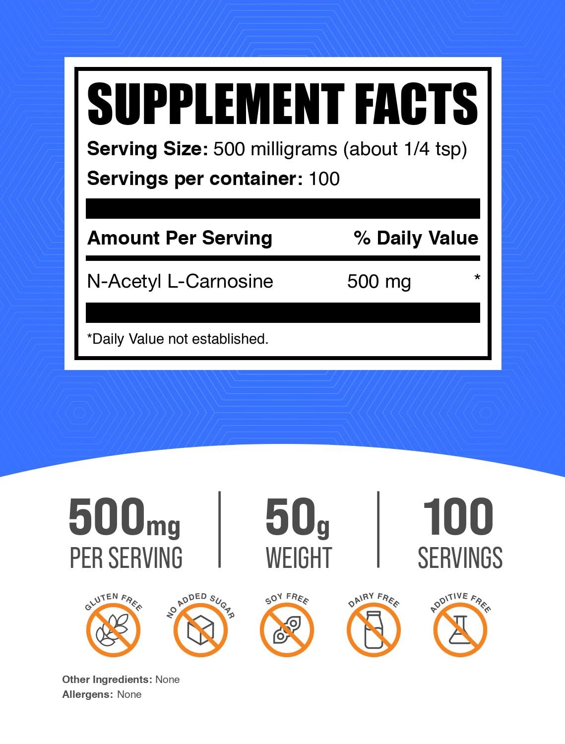BulkSupplements.com N-Acetyl L-Carnosine Powder - Carnosine Supplement, N-Acetyl Carnosine 500mg - Gluten Free, 500mg per Serving, 50g (1.8 oz) (Pack of 1)