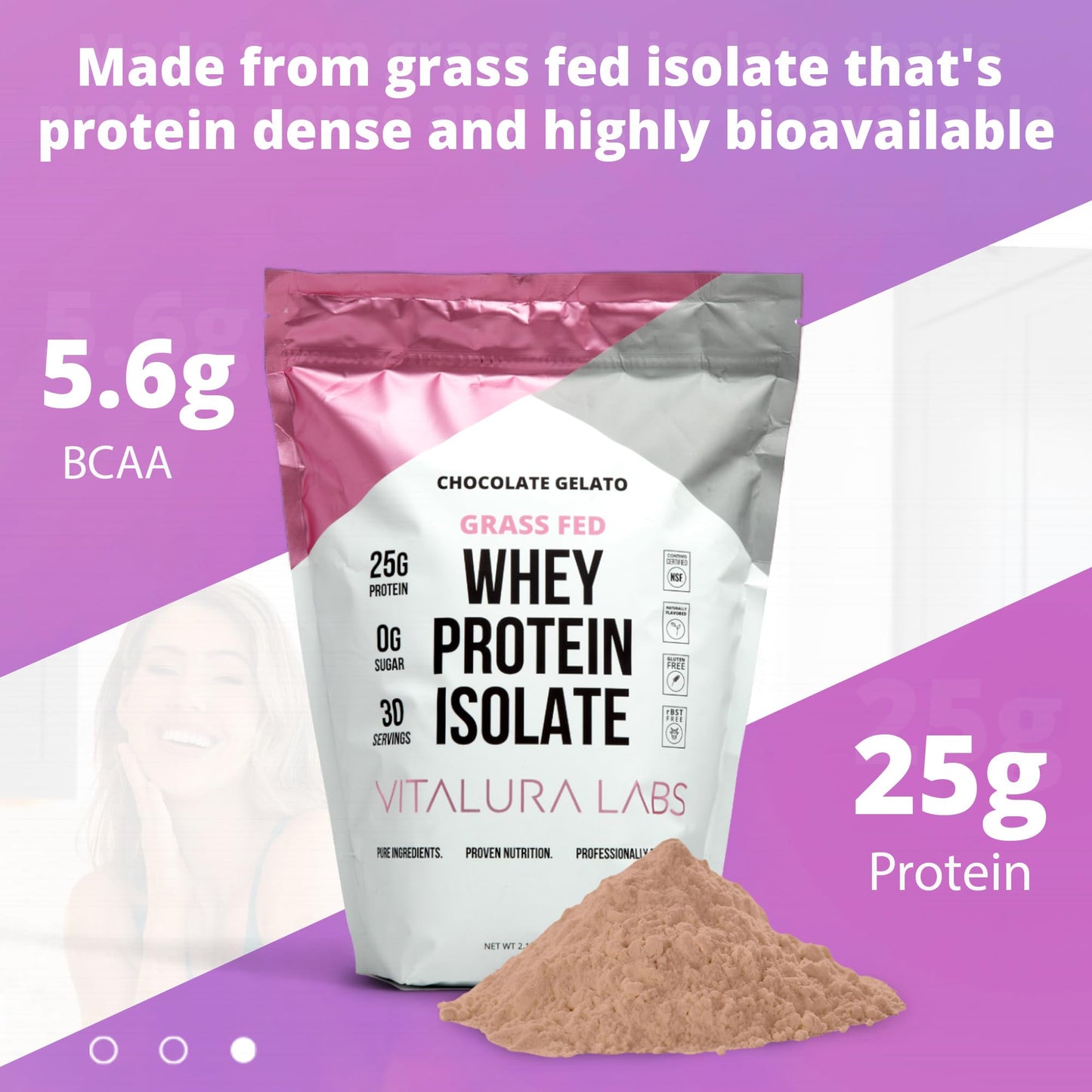 Vitalura Labs Grass-Fed Whey Protein Isolate - 25g Protein Per Serving - 100% Whey Isolate - NSF Content Certified - Chocolate Gelato Flavored - No Fillers - Easy Digesting - 30 Servings