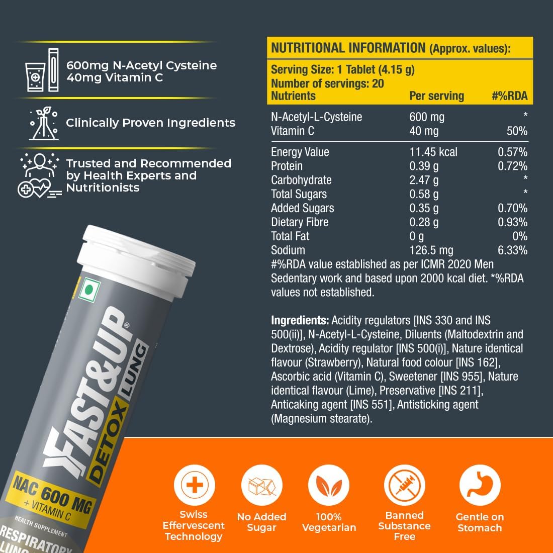Detox Lung N-Acetylcysteine 600mg + Vitamin C - Lung Protective Supplement - Respiratory & Lung Health - Strawberry Flavour (Pack of 20 Effervescent Tablets)