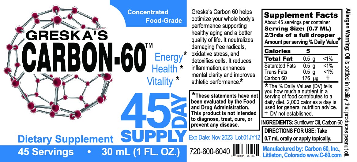 Greska's Carbon-60™ 45-Day Supply, Food-Grade, All-Natural, Organic Ingredients