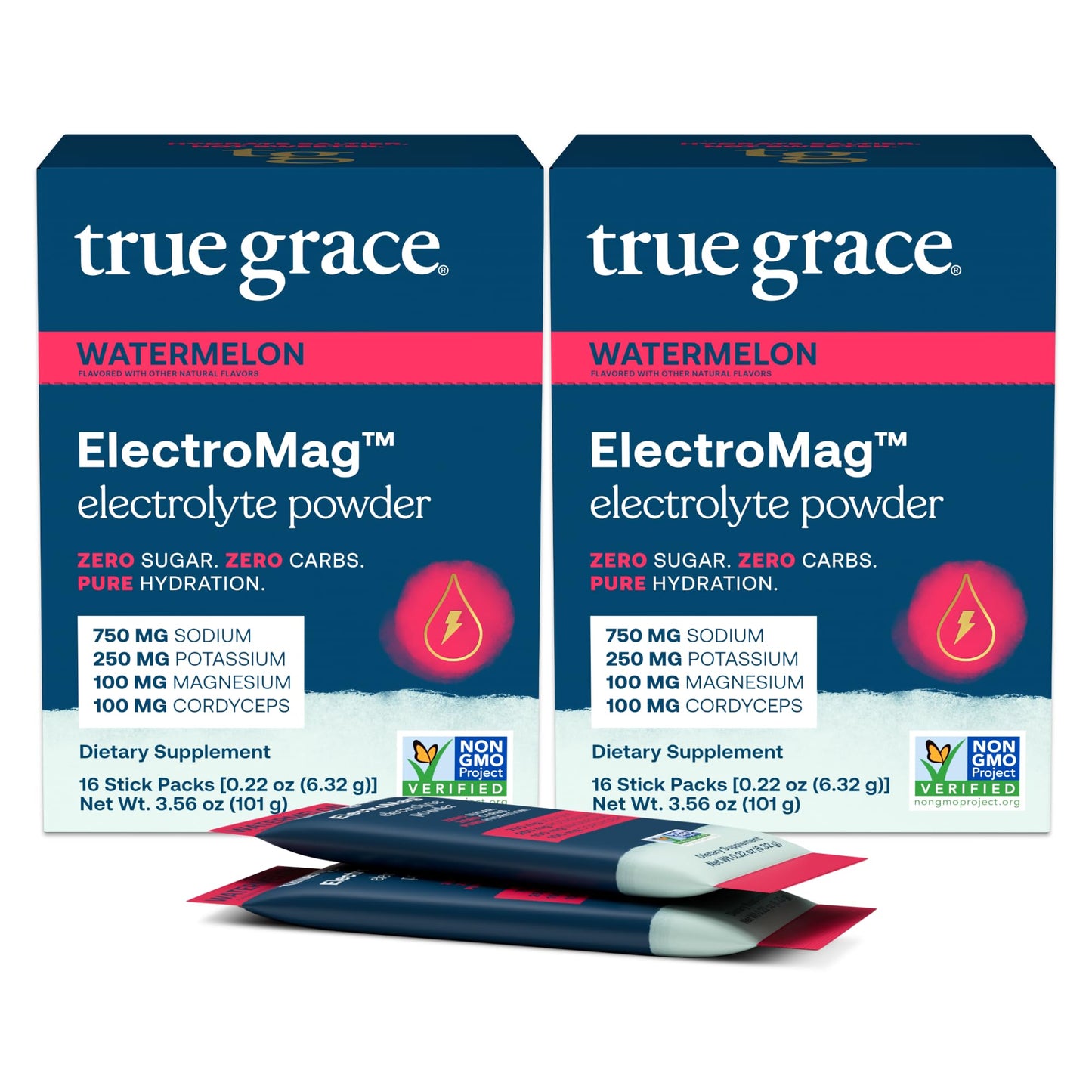 True Grace ElectroMag - 16 Stick Packs (Pack of 2) - Watermelon - Electrolyte Powder for Rapid Hydration - Sodium, Potassium, Magnesium & Cordyceps - Zero Sugar & Carbs - Non-GMO - 32 Total Servings