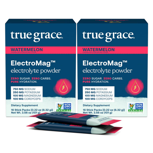 True Grace ElectroMag - 16 Stick Packs (Pack of 2) - Watermelon - Electrolyte Powder for Rapid Hydration - Sodium, Potassium, Magnesium & Cordyceps - Zero Sugar & Carbs - Non-GMO - 32 Total Servings