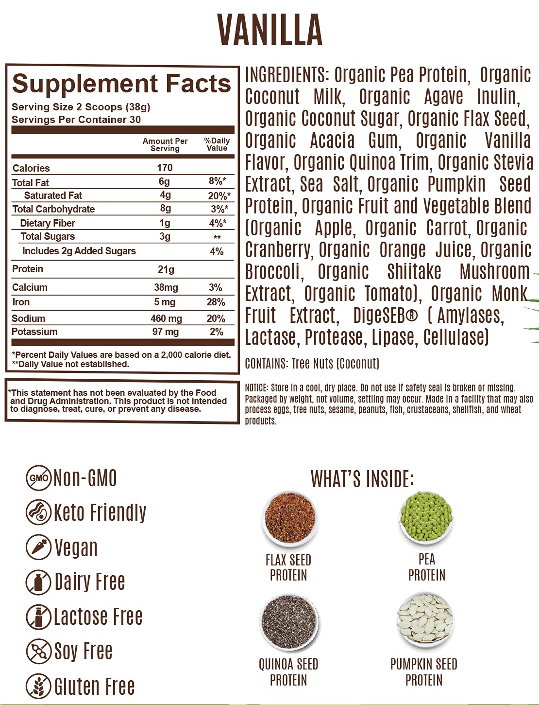 Thriv THriV Nutrition - Organic Plant Based Protein Powder, Chocolate or Vanilla, Vegan, Gluten-Free, Non-GMO, Dairy Free, (2.5lb/1,140g) Powder (Vanilla)
