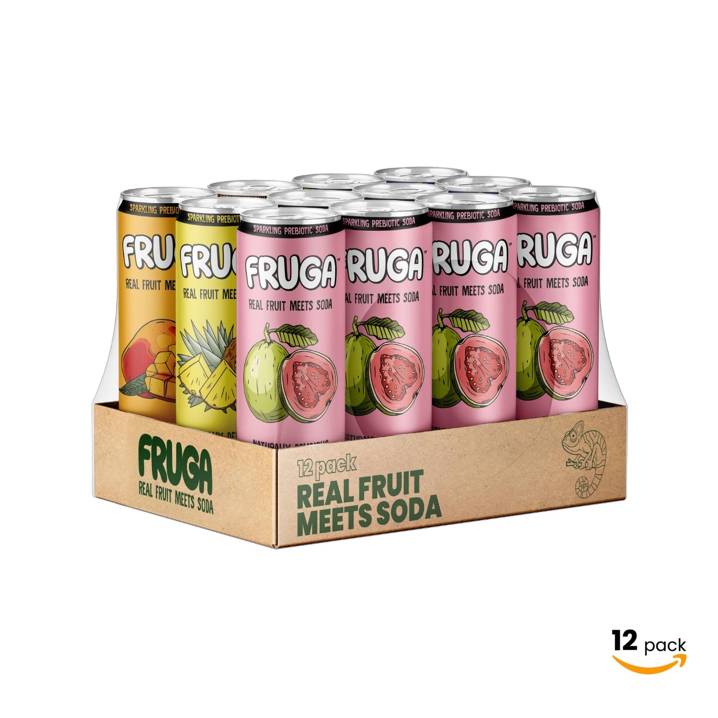 FRUGA Sparkling Prebiotic Super Soda Gut Health Low Calorie Low Sugar Healthy Soda Pop Plant Fiber Real Fruit Vitamin C B6 B9 Vitamins Juice Tropical Mix 12oz 12 Pack