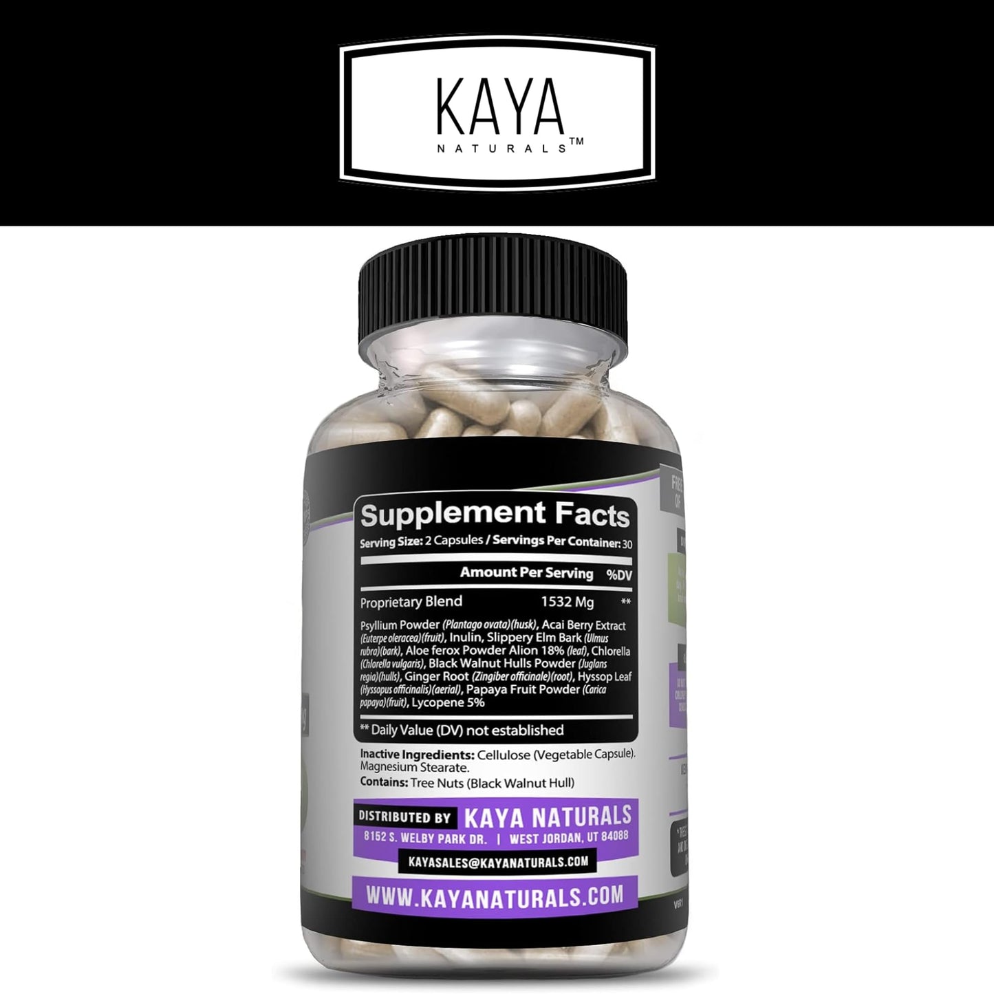 Kaya Naturals Max Detox Herbal Supplement - Natural Ingredients 1532 mg - Psyllium Powder, Acai Berry Extract, Ginger Root 60 Count