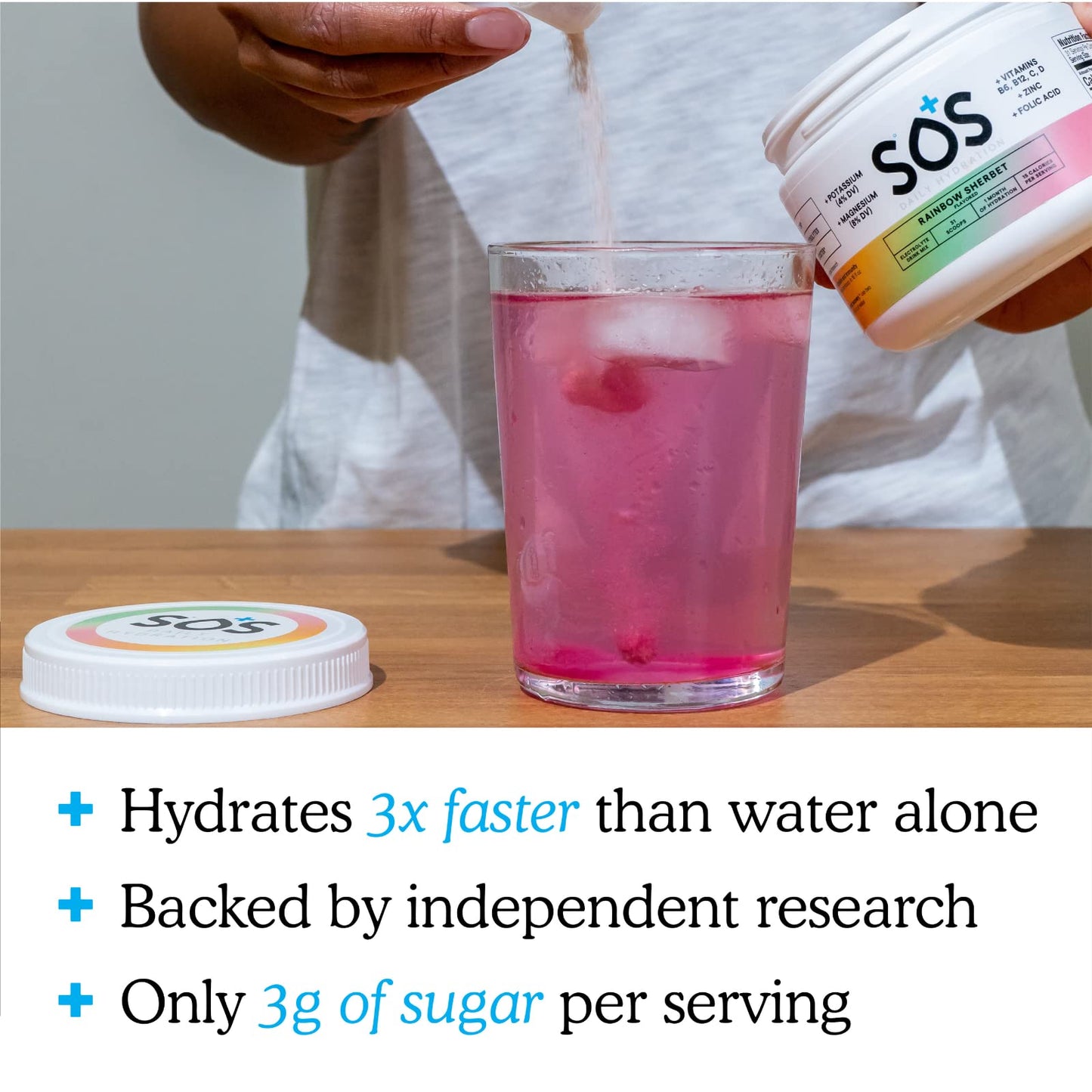 SOS Hydration Electrolyte Powder, Rainbow Sherbert Flavor, 31 Servings - Low-Calorie, Zero Sugar, Rapid Rehydration, Made in USA, Keto & Vegan Friendly
