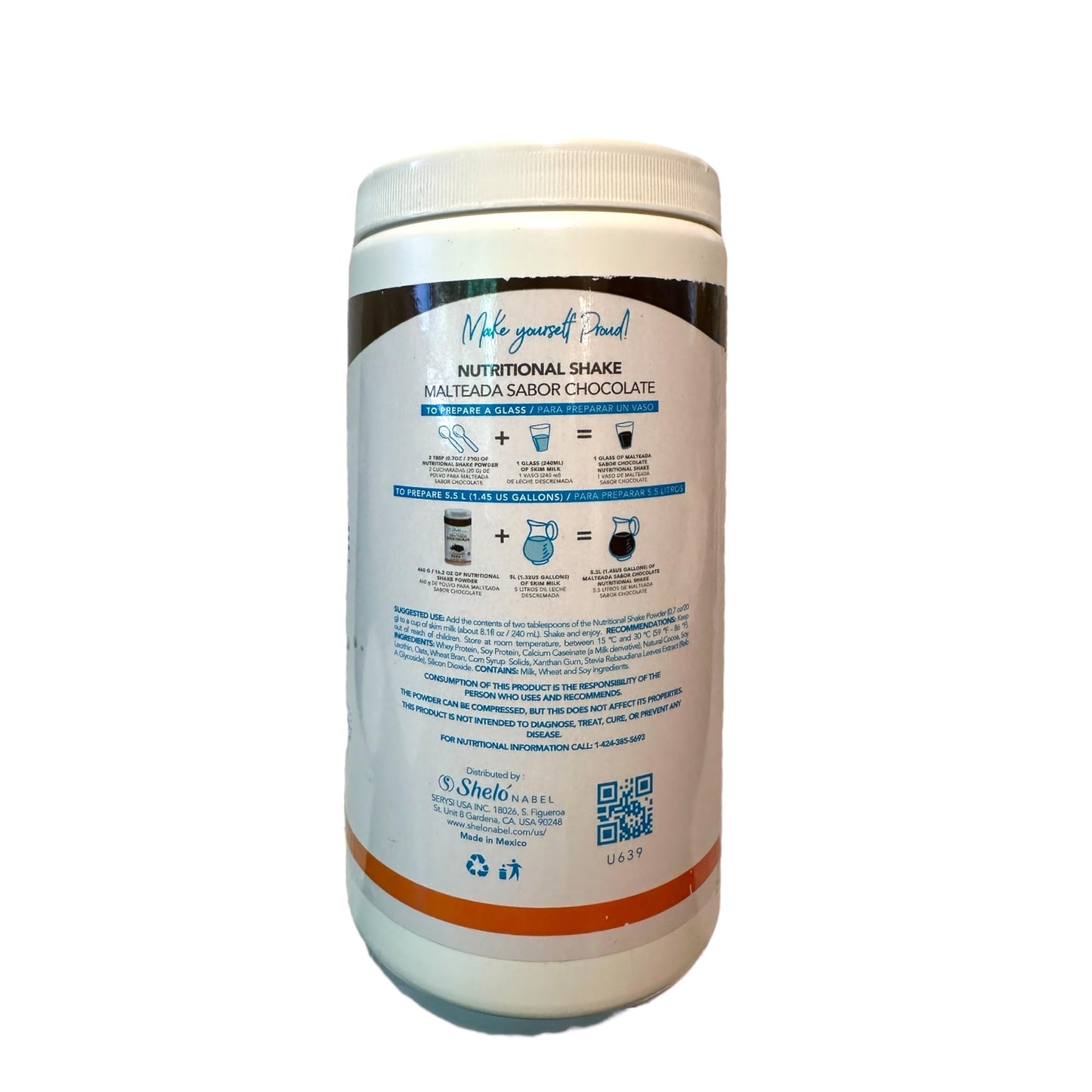 Nutritional Shake Powder, Natural Cocoa with Vitamins, 16.22 oz, High Protein, Low Carb, Gluten Free, Non-GMO/Suplemento Alimenticio Malteada Chocolate Baja en Grasa y Calorias 460g.