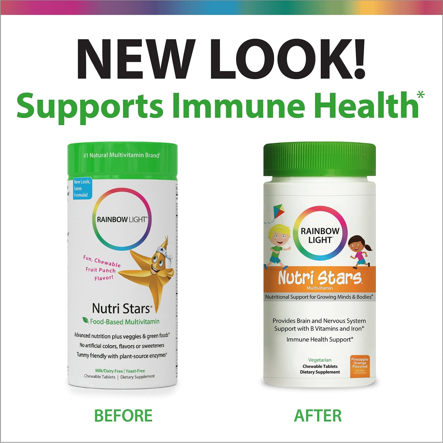 Rainbow Light Multivitamins for Kids, Vitamin B, Zinc & Iron, Prebiotics, Nutri Stars Provides Brain & Nervous System Support, Pineapple Orange, 120 Chewable Tablets