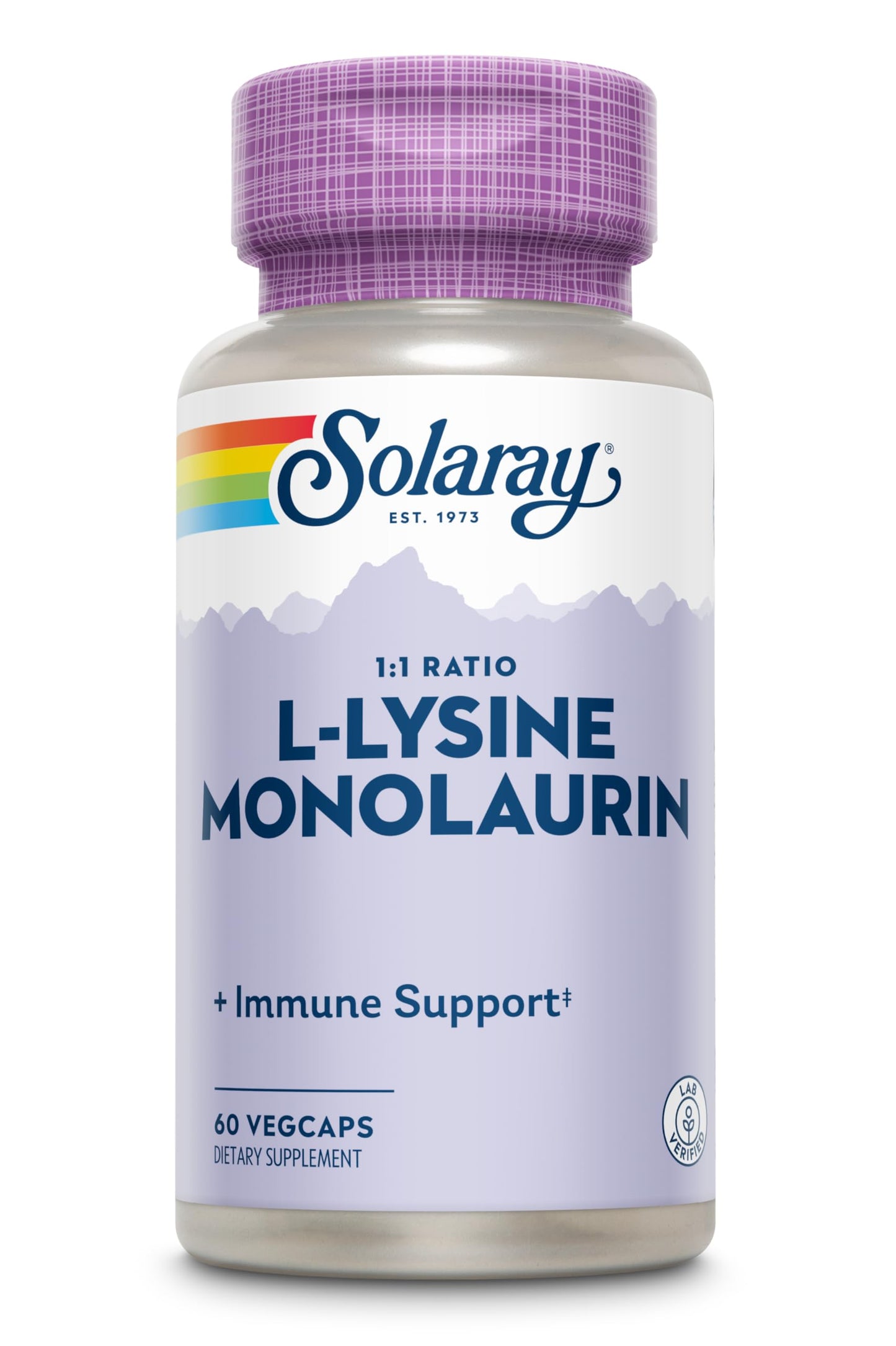 SOLARAY L-Lysine Monolaurin Immune Support Supplement, 1:1 Ratio for Immune System Function, 500 mg Each, 60-Day Money Back Guarantee, 30 Servings, 60 VegCaps