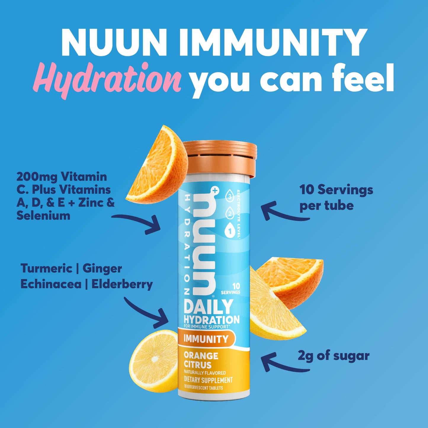 Nuun Immunity Electrolyte Tablets with Vitamin D, C, E, & A, Ginger, Elderberry, Magnesium & 4 Other Essential Electrolytes, Vegan, Blueberry Tangerine & Orange Citrus, 2 Pack (20 Servings Total)