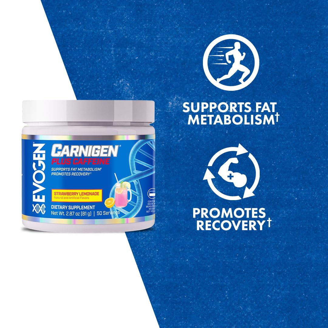Evogen Carnigen Plus Caffeine - Premium Carnitine Powder | Supports Fat Metabolism & Promotes Recovery | L Carnitine Supplement with Caffeine & Acetyl L-Carnitine | Strawberry Lemonade | 50 Servings