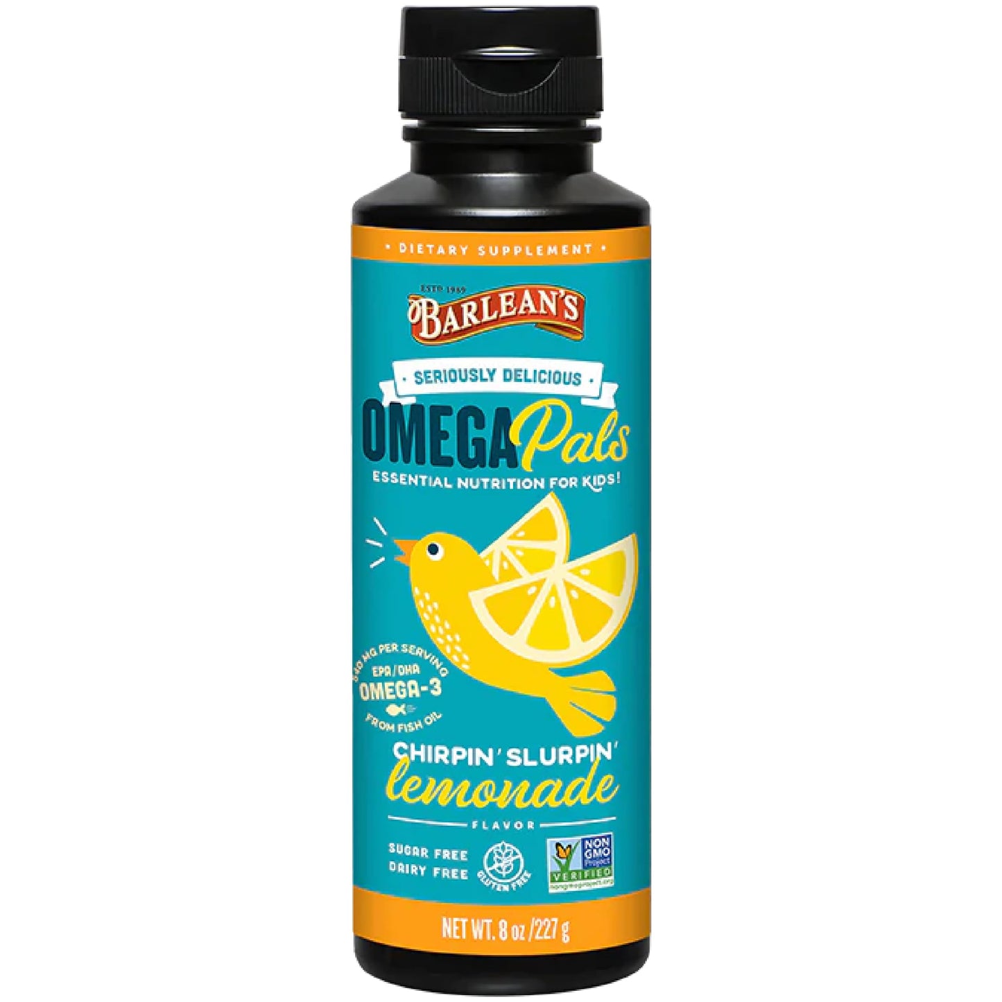 Barlean's Omega Pals Chirpin' Slurpin' Omega 3 for Kids, Yummy Lemonade Flavored Children's Liquid Fish Oil Supplement with 540 mg of EPA and DHA for Brain and Eye Health, 8 oz