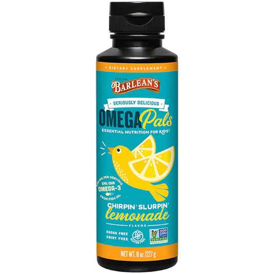 Barlean's Omega Pals Chirpin' Slurpin' Omega 3 for Kids, Yummy Lemonade Flavored Children's Liquid Fish Oil Supplement with 540 mg of EPA and DHA for Brain and Eye Health, 8 oz