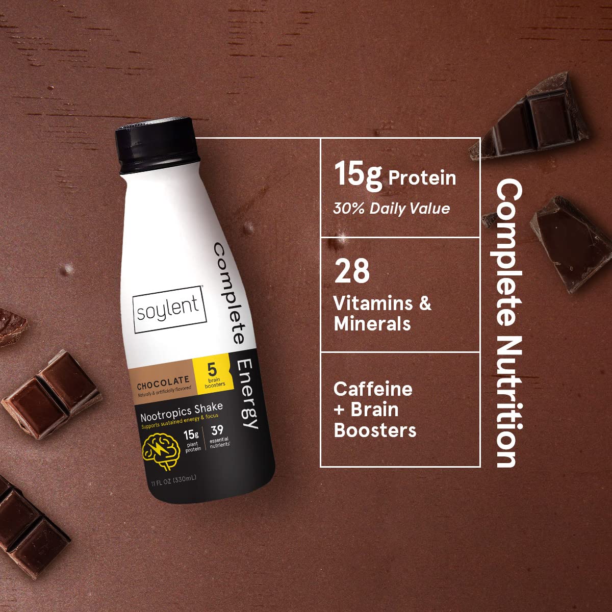 Soylent Complete Energy GlutenFree Vegan Protein Nootropics Shake Chocolate 11 Oz Pack of 12