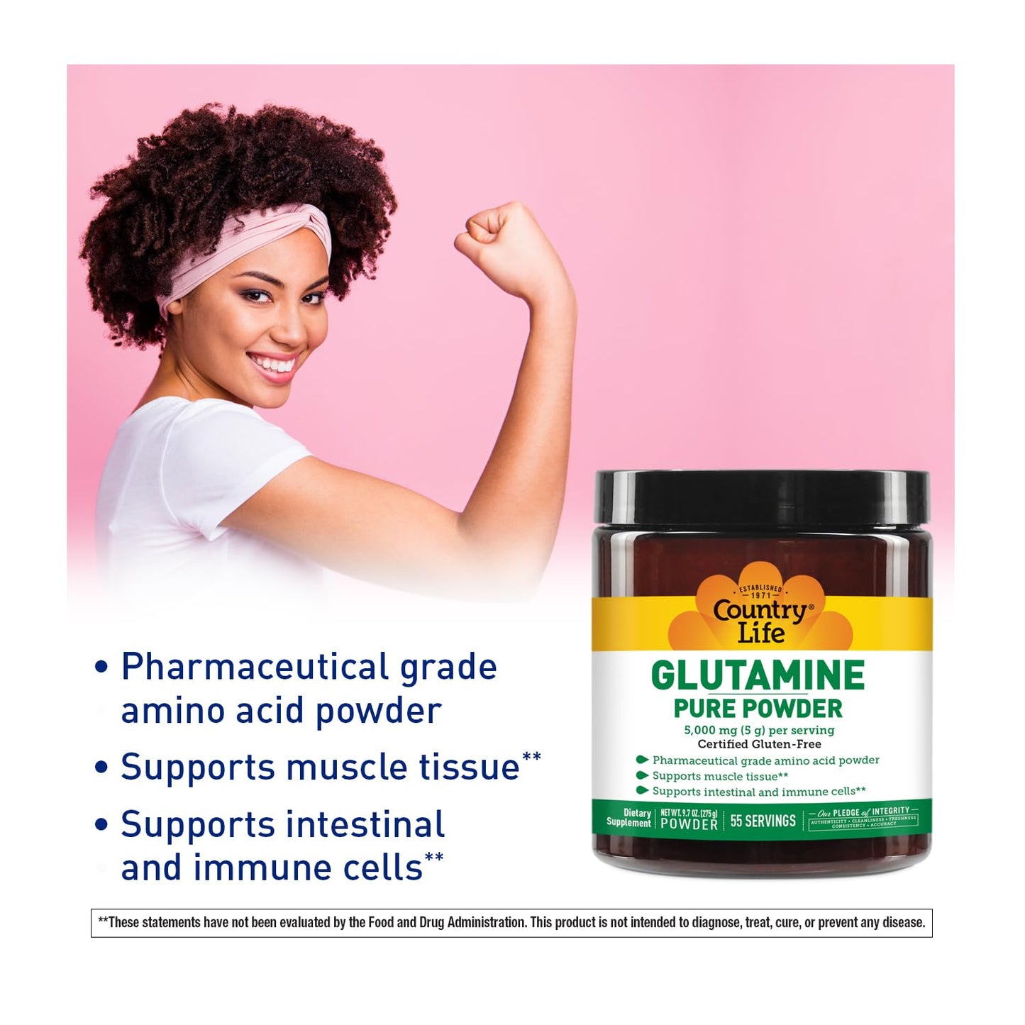 Country Life Glutamine Pure Powder - 5000mg L-Glutamine - Muscle Tissue, Gut Health, Immune Support - Gluten-Free Certified - Ideal Pre/Post Workout Amino Acid Supplement, 55 Servings, 9.7oz