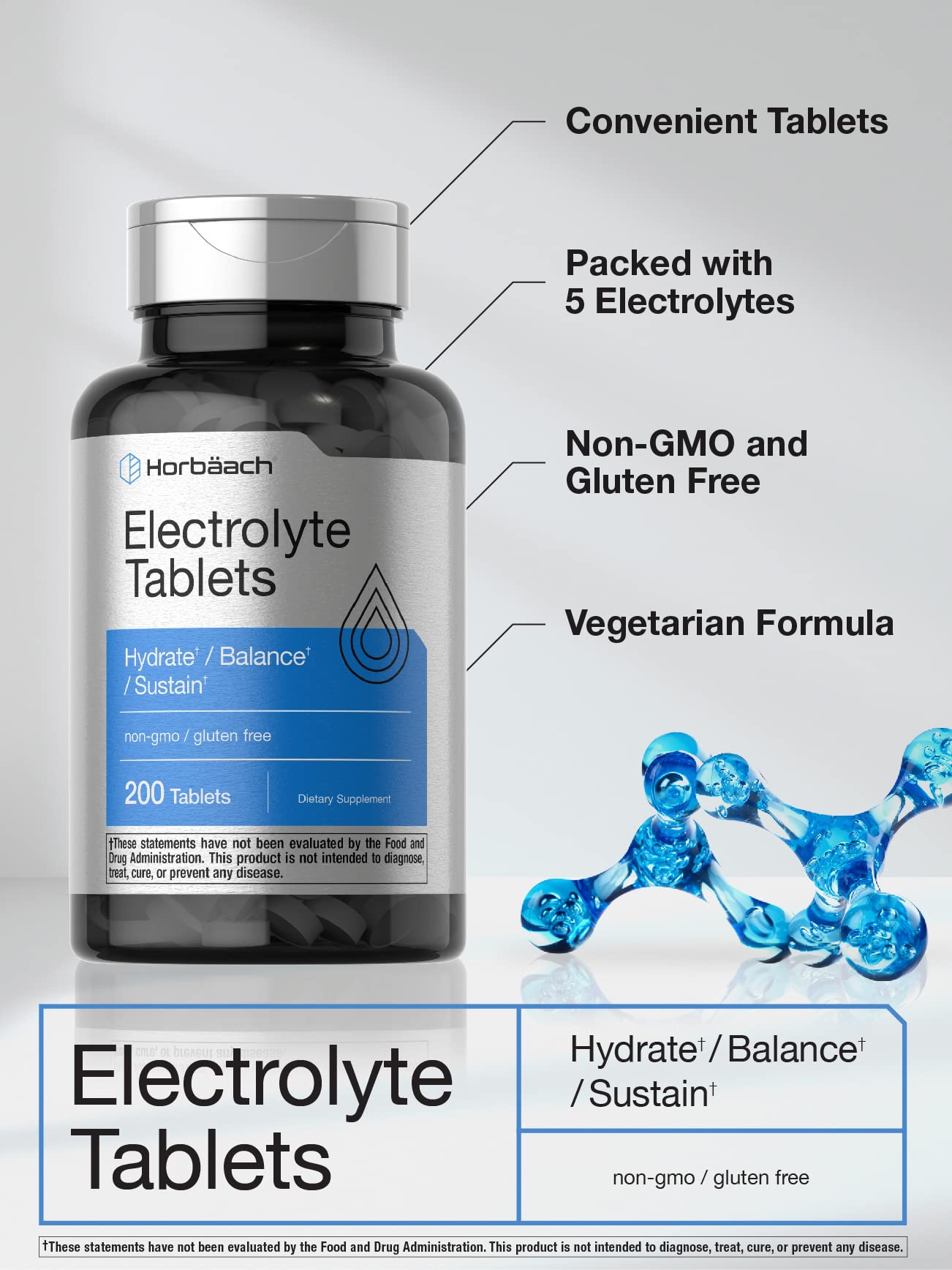 Horbäach Electrolyte Tablets | 200 Count | Vegetarian | Keto-Friendly | Non-GMO, and Gluten Free Hydration Supplement