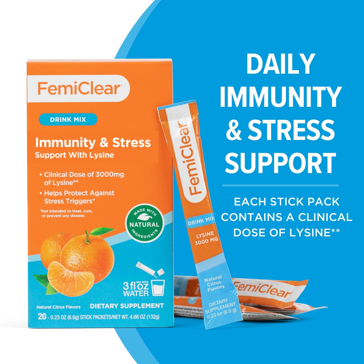 FemiClear HerpEase with L-Lysine 3000mg Dietary Supplement Drink Mix with Zinc 11mg Vitamins A and C 900mg Sensoril Ashwaganda 250mg Stevia Extract 60mg