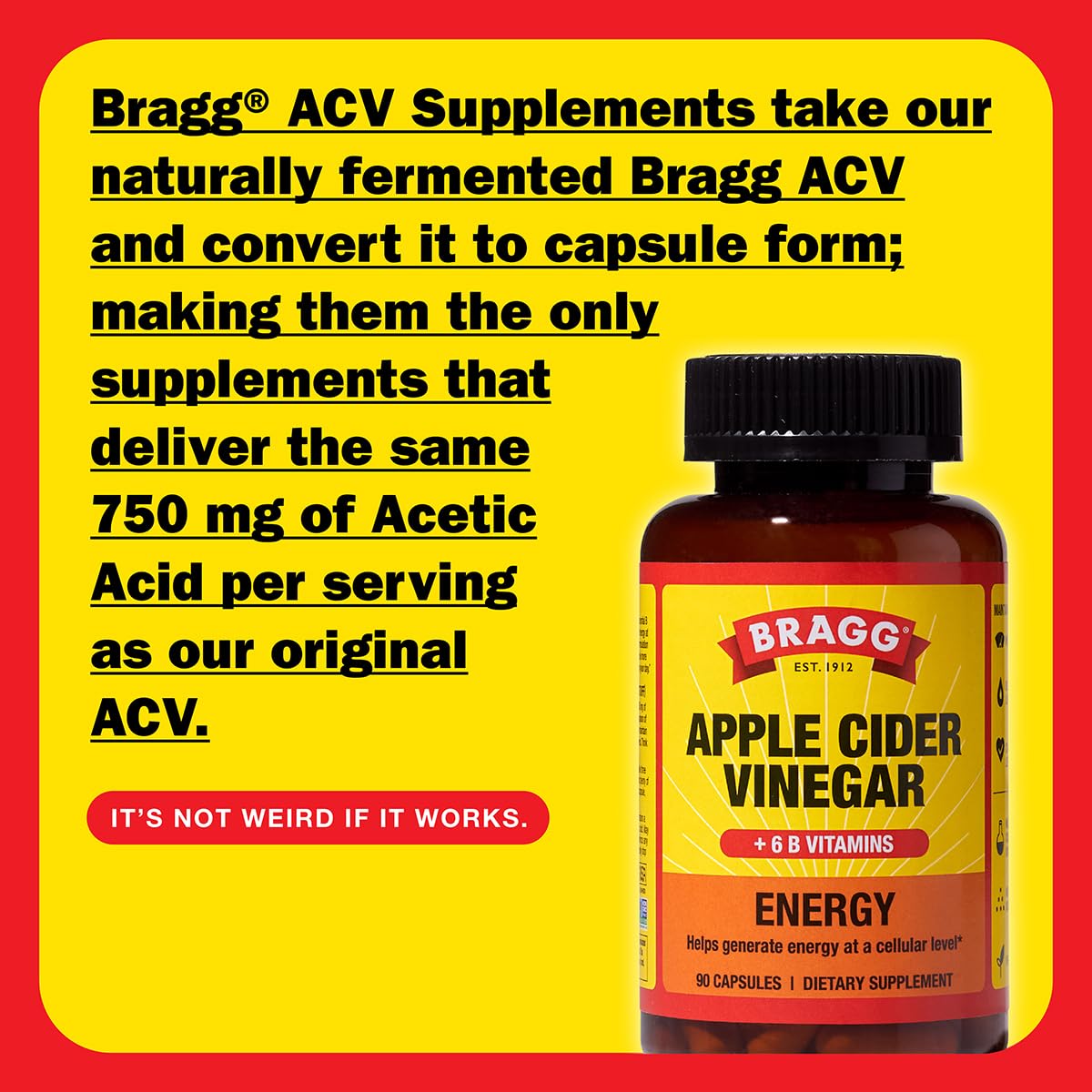 Bragg Energy Apple Cider Vinegar Capsules with B Vitamins - 90 Capsules - Helps Generate Energy at Cellular Level