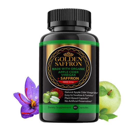 GOLDEN SAFFRON Apple Cider Vinegar Capsules - 60 Organic Veggie Pills - 1800 mg ACV & 88.5 mg Saffron Extract - Organic, Non-GMO, Natural Ingredients, Made in USA.