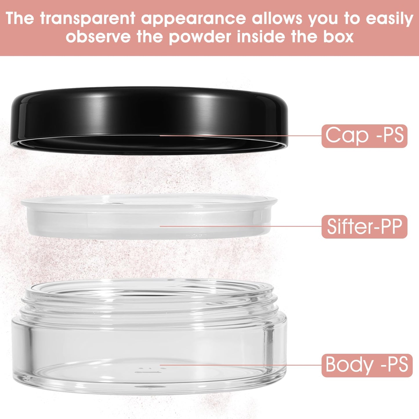 YUXIANLB 2 Pcs Plastic Empty Loose Powder Compact Refillable Reusable Box No Leak Holder with Common Sifter and Black Screw Lid Small Travel Makeup Size Powder Container for Women