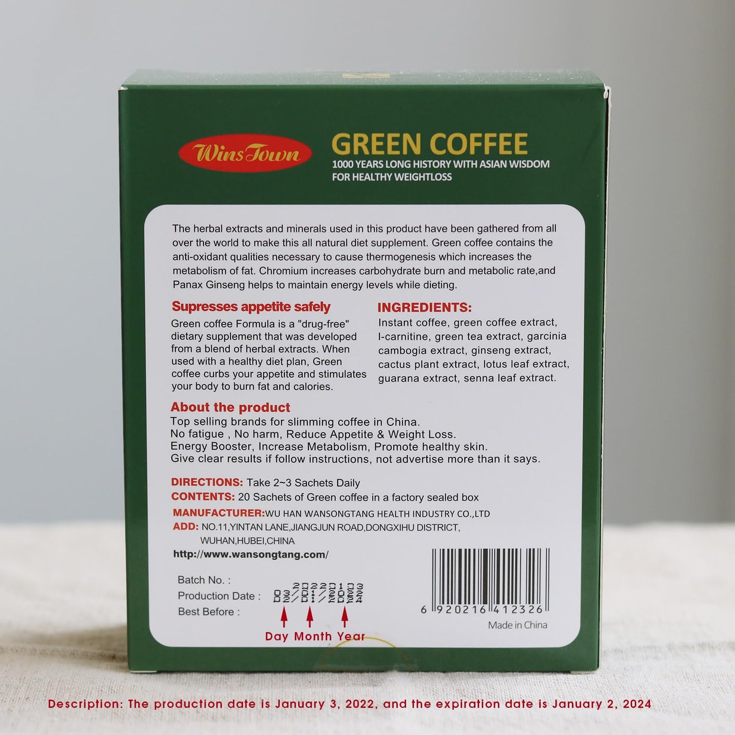Wins Town Slimming Green Coffee, 200g Natural Diet Supplement for Healthy Weightloss, 20 Sachets