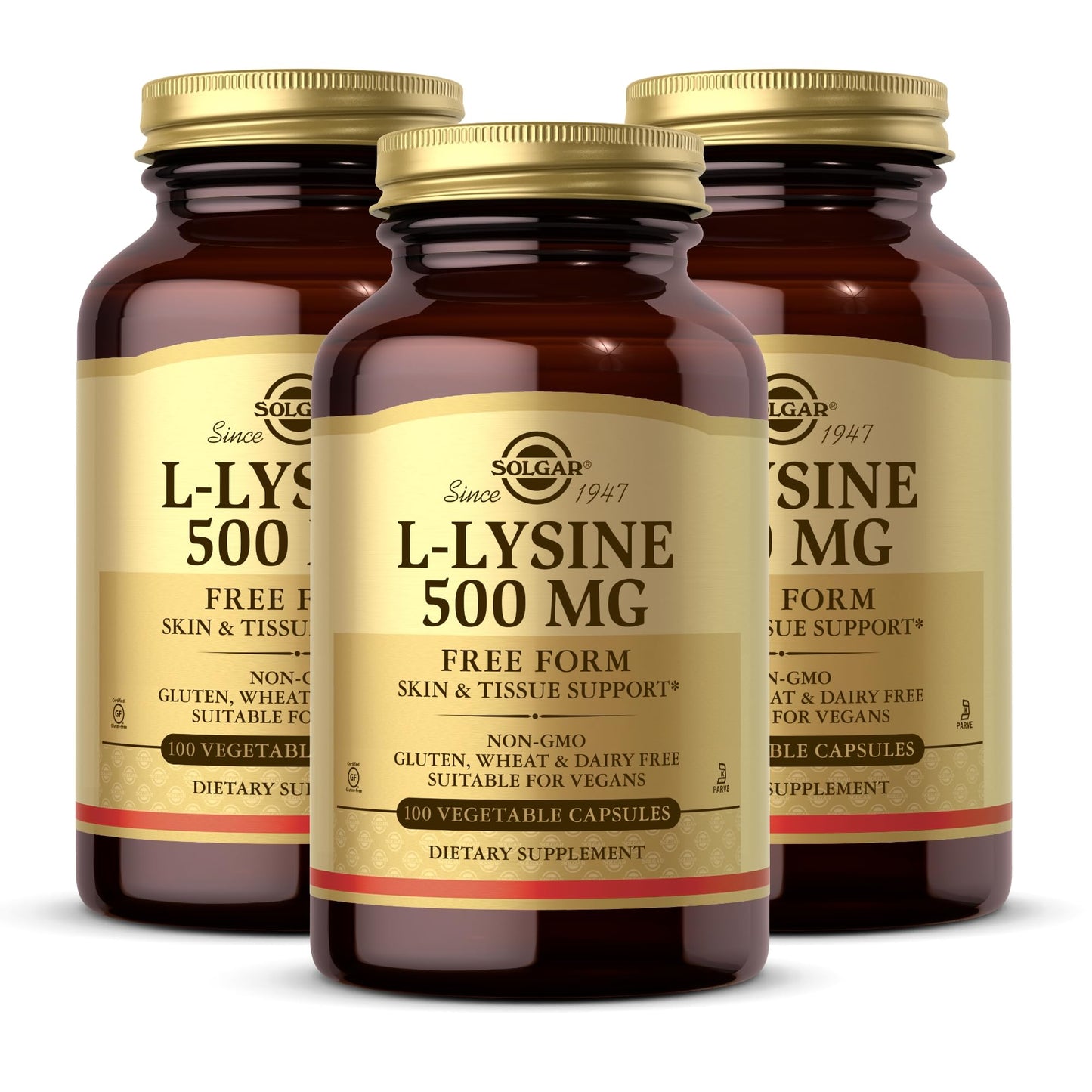 SOLGAR L-Lysine 500 mg - 100 Vegetable Capsules, Pack of 3 - Skin & Tissue Support - Non-GMO, Vegan, Kosher, Gluten Free - 300 Total Servings