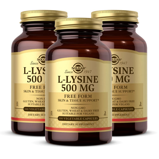 SOLGAR L-Lysine 500 mg - 100 Vegetable Capsules, Pack of 3 - Skin & Tissue Support - Non-GMO, Vegan, Kosher, Gluten Free - 300 Total Servings