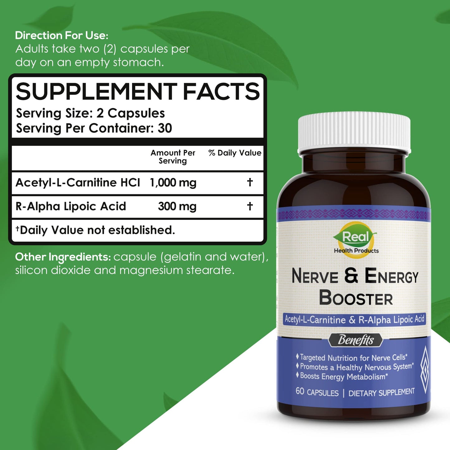 Acetyl L-carnitine 1000mg & R-Alpha Lipoic Acid 300mg Capsules - Nerve & Energy Booster Ala Supplement & Carnitine Supplement - Cardiovascular, Cognitive Function & Antioxidant Support