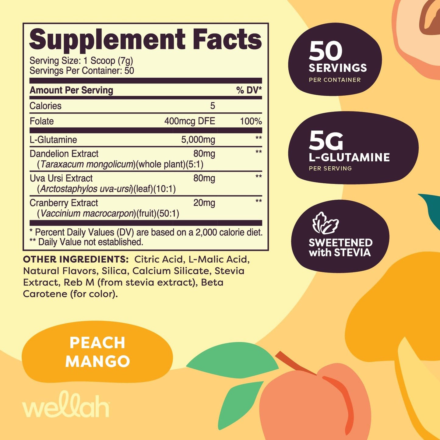 Wellah L-Glutamine Peach Mango (50 Servings) - 5g L-Glutamine Per Serving, Sweetened with Stevia