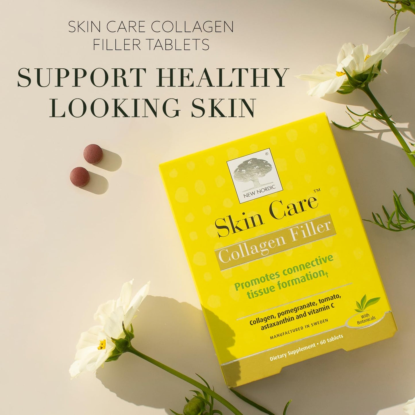 NEW NORDIC Skin Care, Collagen Filler Tablets, Marine Collagen with Vitamin C Supplement for Healthy Looking, Smoother, Plump Skin, 60 Count (Pack of 1)