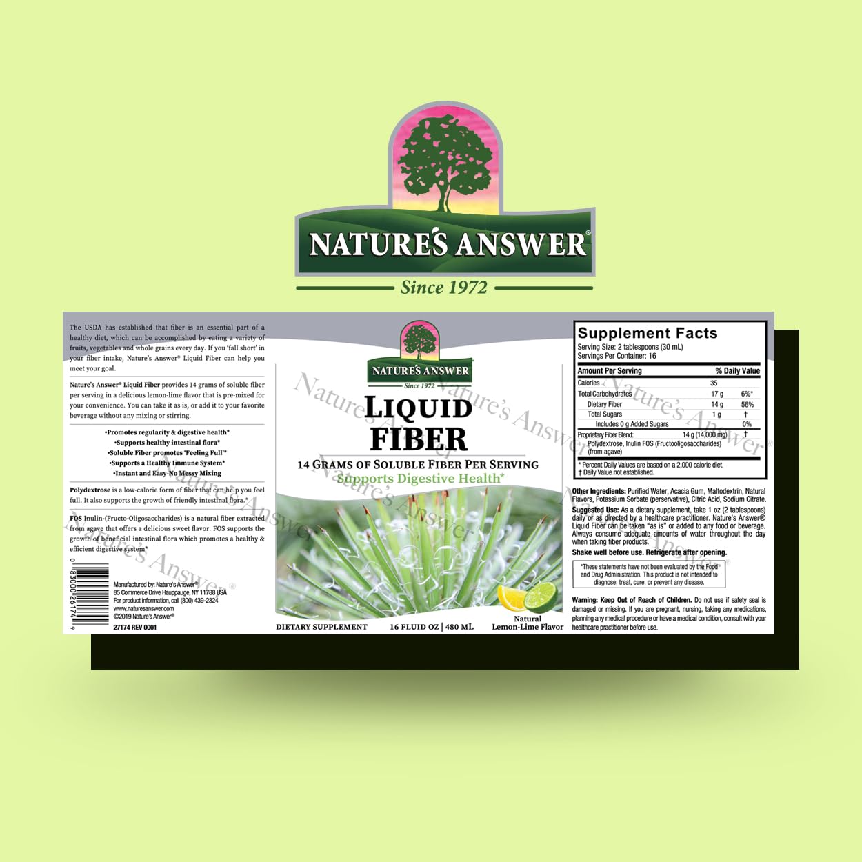 Nature's Answer Fiber Drink 16oz Liquid | Lemon Lime Flavored | Supports Digestive Health | Promotes Regularity | Gluten-Free, Non-GMO, Vegan, No Artificial Flavors or Preservatives | Single Count