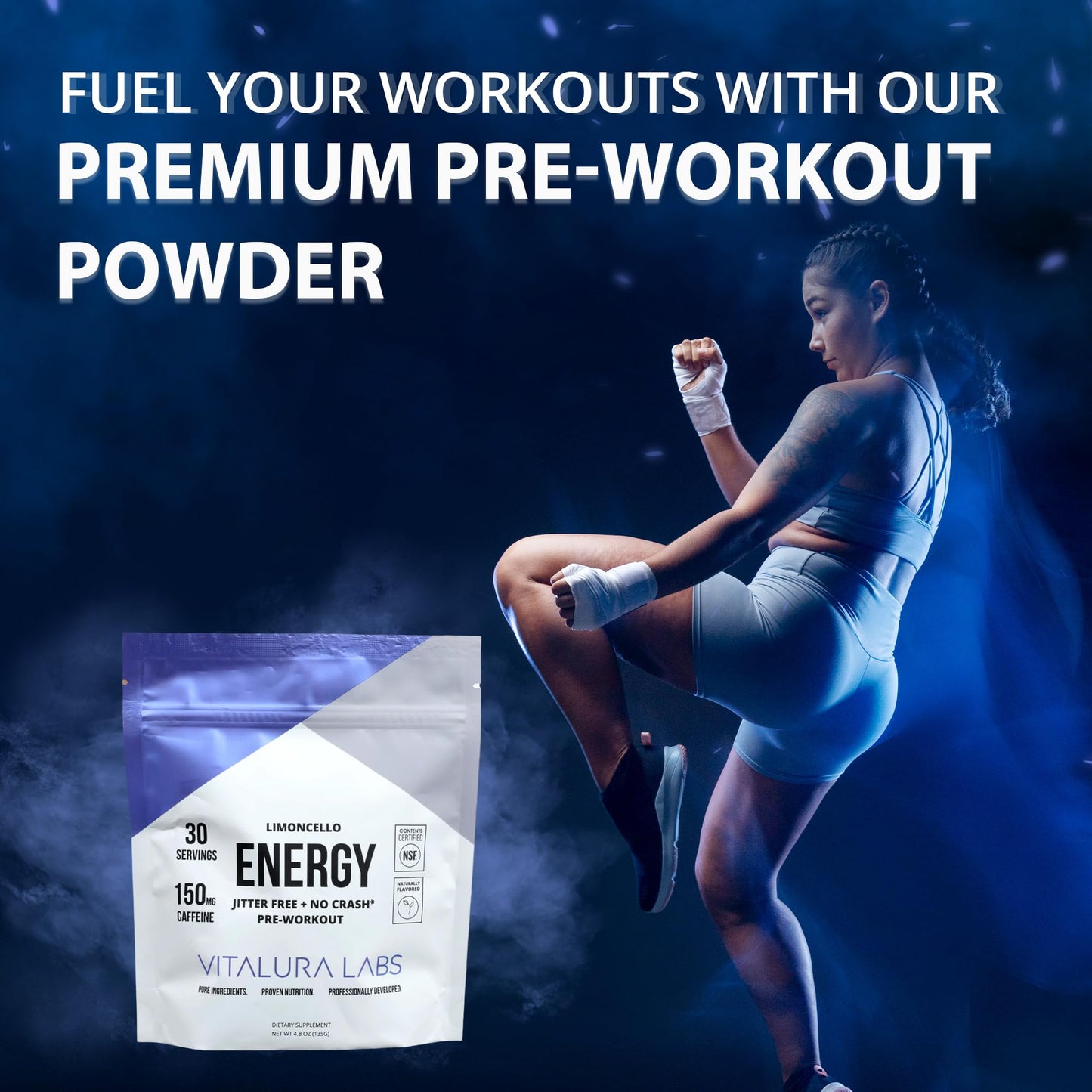 Vitalura Labs Pre-Workout Powder - Caffeine, Theacrine, Rhodiola & L-Theanine for Energy & Endurance - NSF Content Certified - Limoncello Flavored - 30 Servings