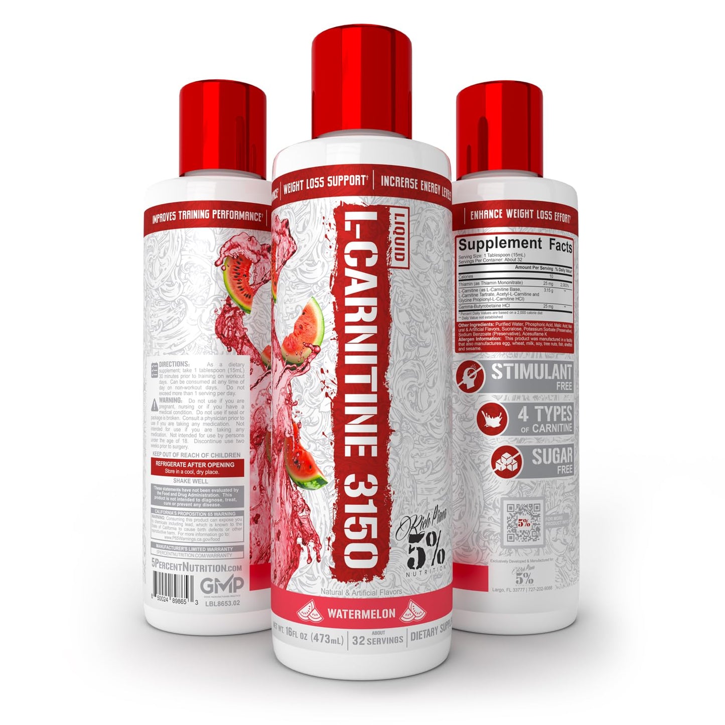 5% Nutrition Rich Piana Liquid L-Carnitine 3150 | Premium 4 Source Blend + GBB, The Super Carnitine (Watermelon Candy)