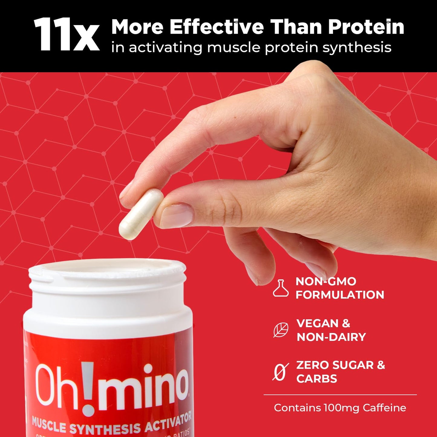Oh!mino Amino Acids Supplement for Protein Synthesis - EAAs Capsules for Muscle Recovery, Pre & Post Workout - Caffeinated, Non Dairy, Vegan, Zero Sugar & Net Carbs (180-Count, 30 Servings)