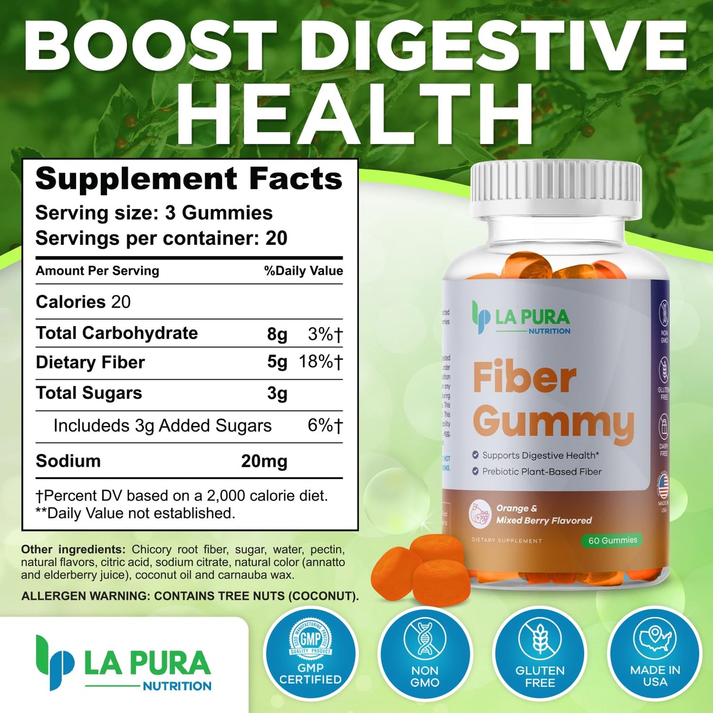 LaPura Prebiotic Chicory Root Fiber Gummy 5g, 60 Gummies - Supports Digestive Health, Prebiotic Plant-Based Fiber Blend - Orange & Mixed Berry Flavor - Non-GMO, Gluten-Free, Made in USA