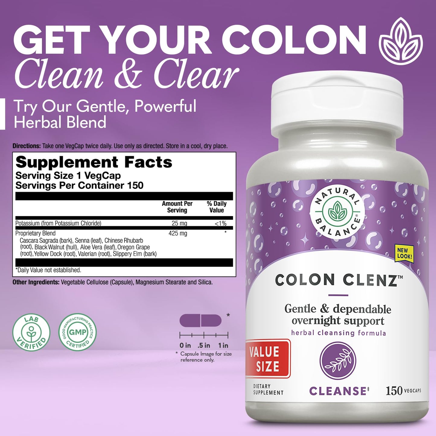 Natural Balance Colon Clenz | Herbal Colon Cleanse & Detox Supplement | Gentle & Dependable Overnight Formula (150 CT)