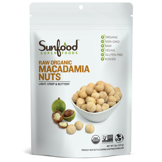 Sunfood Superfood Organic Macadamia Nuts Unsalted  Raw  8 oz Bag 7 Servings  Great for Keto Snack or Baking  Good Source of Fiber Free of Preservatives  NonGMO Vegan Glutenfree