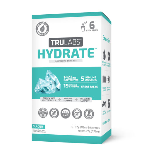 TRULABS Hydrate Glacier 6ct. Sugar Free Electrolytes Hydration Packets. Each Serving Contains 1422 mg of Electrolytes &19 Vitamins & Minerals.