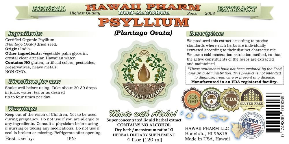 Psyllium Alcohol-Free Liquid Extract, Psyllium (Plantago Ovata) Seed Glycerite Natural Herbal Supplement, Hawaii Pharm, USA 2 fl.oz