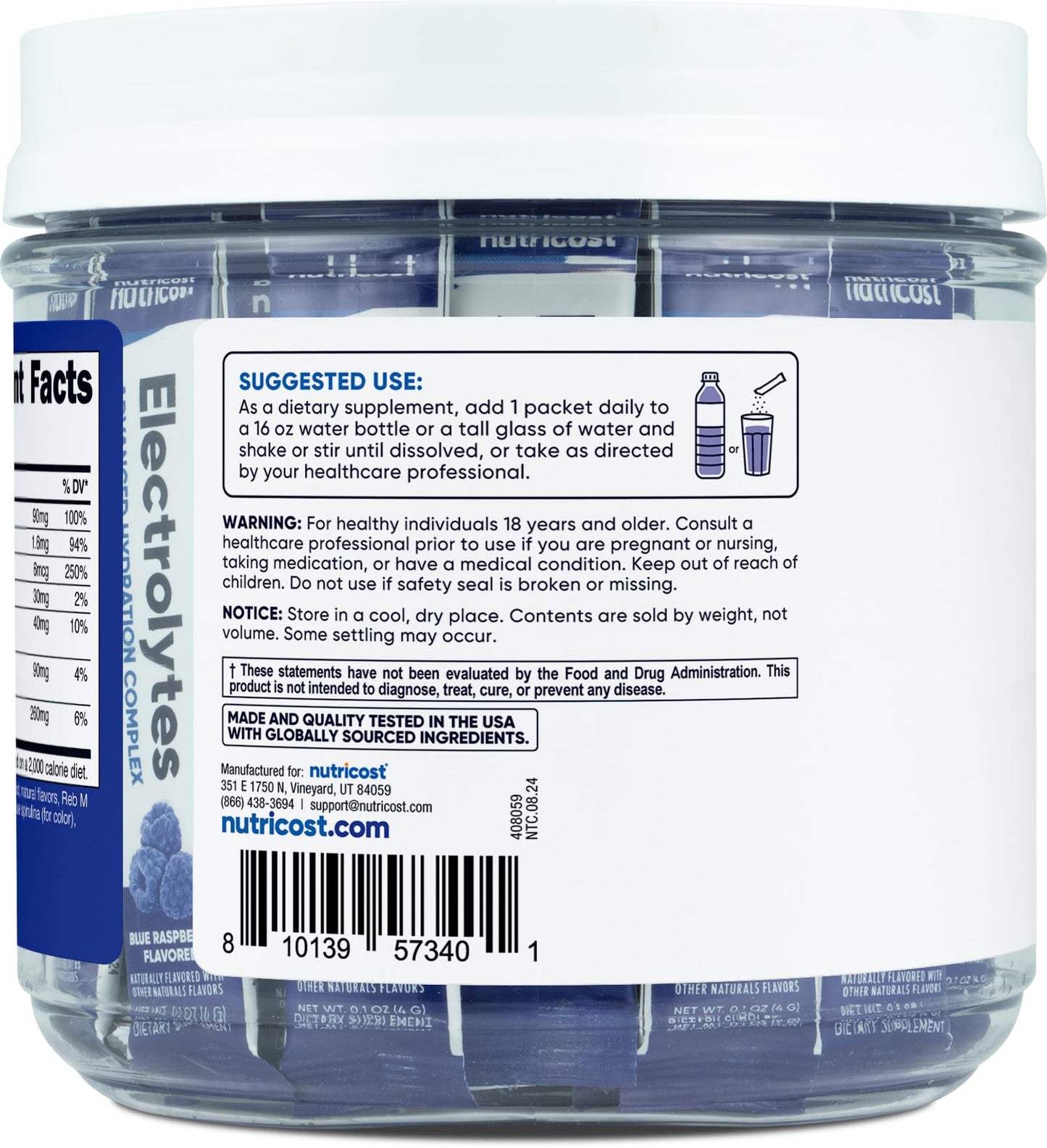 Nutricost Electrolytes Complex, Blue Raspberry Flavored, 40 Stickpacks - Advanced Hydration Complex
