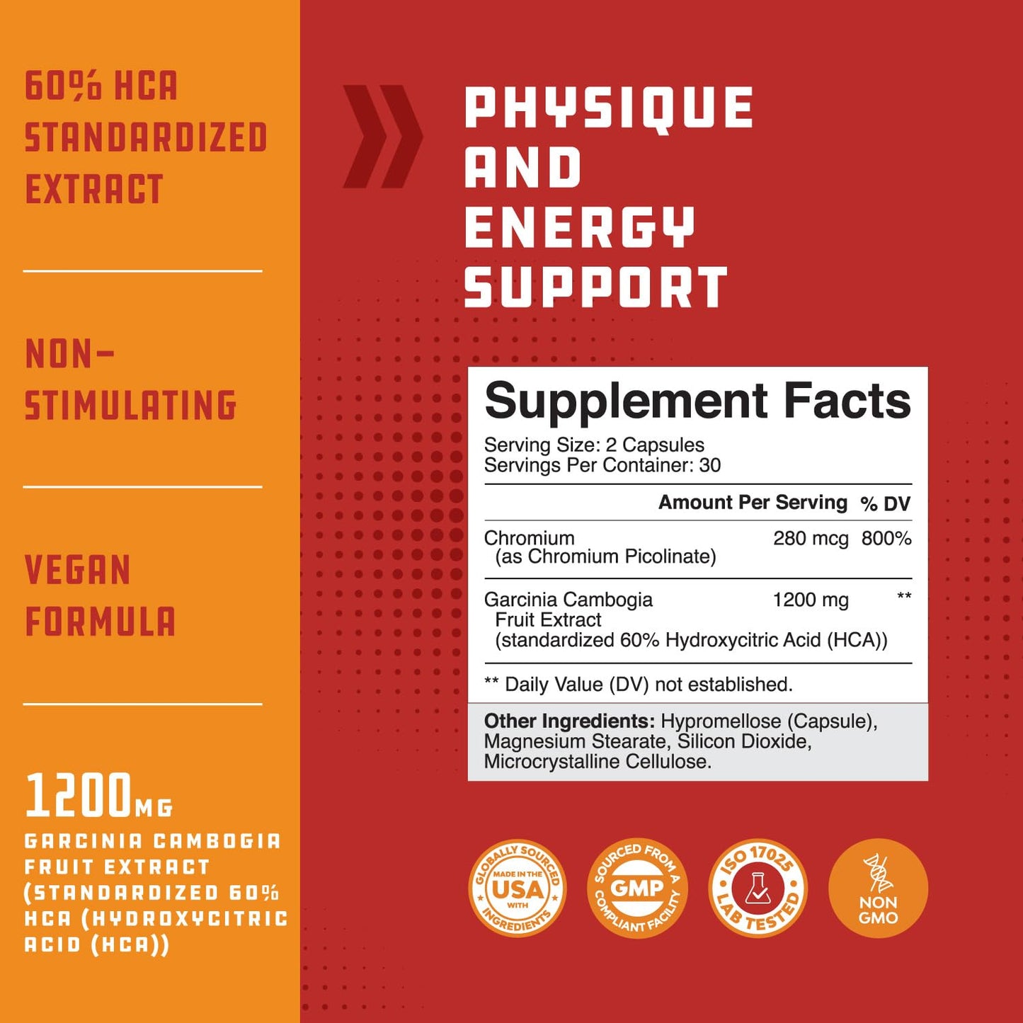 Strong Garcinia Cambogia Extract Capsules with 60% HCA - Non-Stimulant Garcinia Cambogia Weight Loss Supplement with Hydroxycitric Acid & Chromium for Balance, Energy & Metabolism Support - 60 Count
