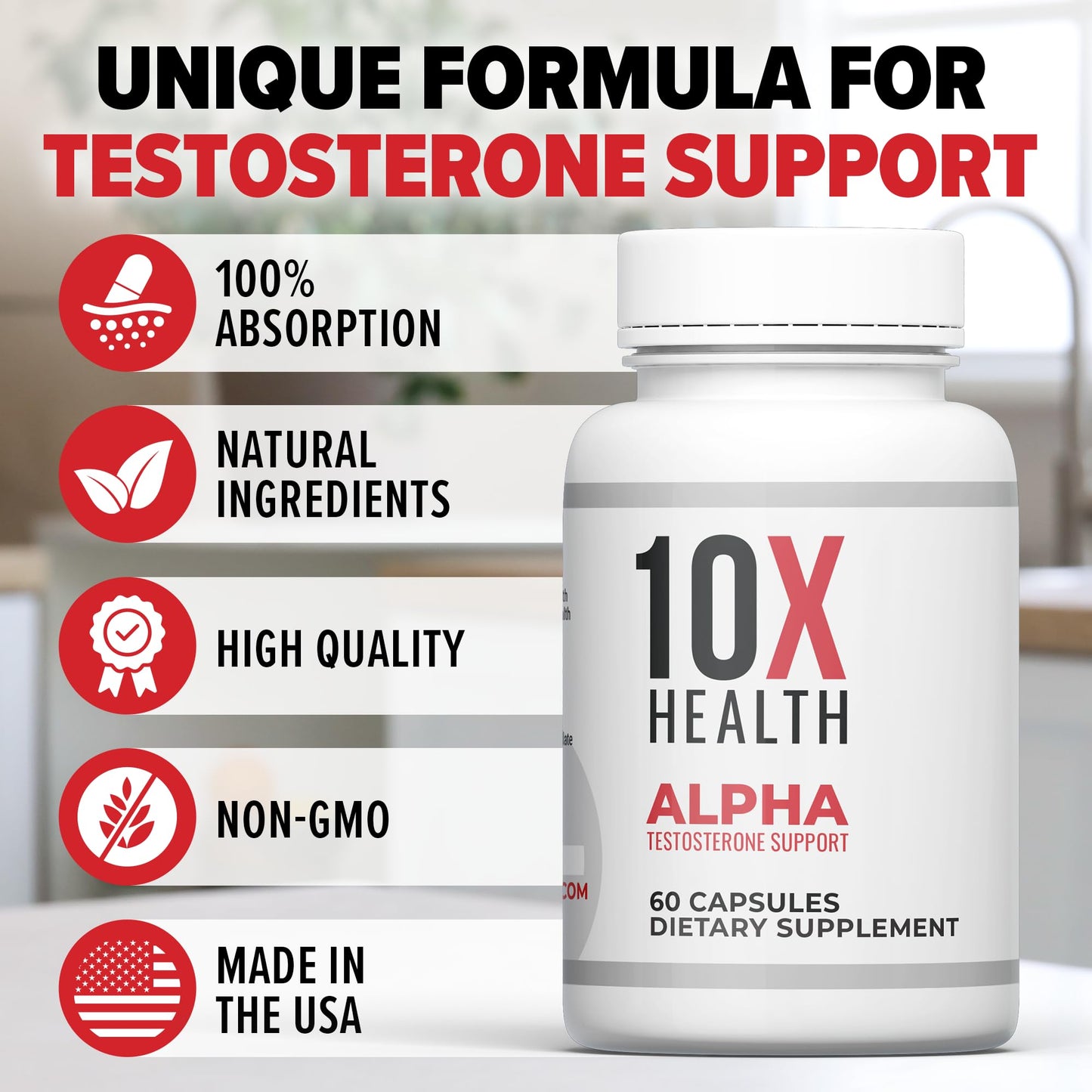 10X Health Alpha Testosterone Support - Muscle Support for Men with Tongkat Ali 1000mg, Muscle-Enhancing Testosterone Supplement for Men (60 Capsules, 2X Daily)