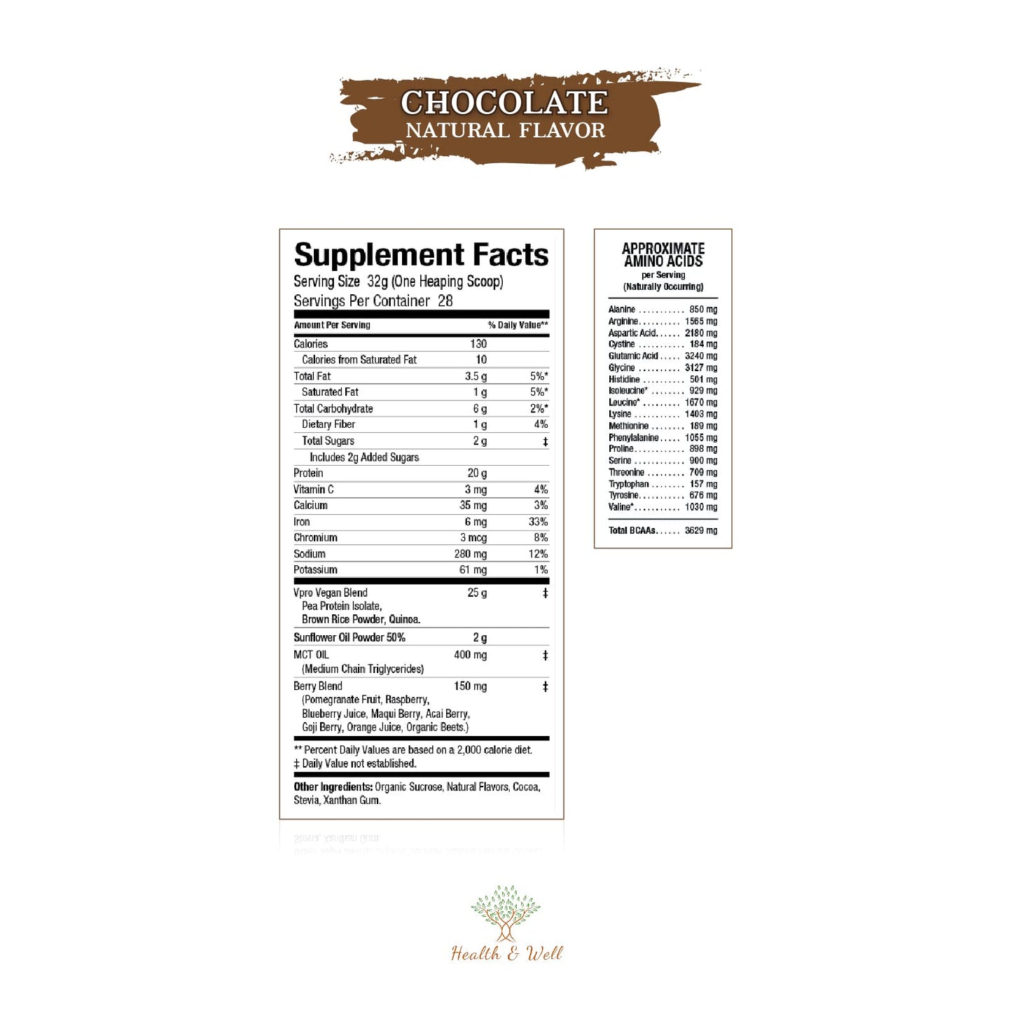 Health & Well Plant-Based Protein Powder, Contains Three Vegan proteins and Eight Different Super Fruits (Chocolate)