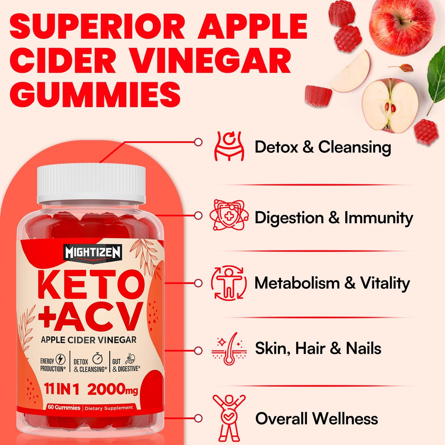 Apple Cider Vinegar Gummies, Max Strength Keto Acv Gummies with Green Tea, Probiotics, B12, B6, Keto Support, Apple Cider Vinegar with Mother for Detox & Cleanse, Digestion & Gut, Vegan, 120 Counts