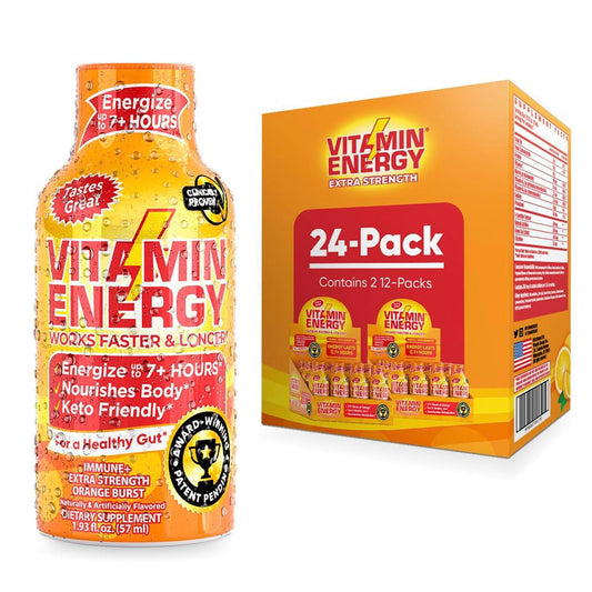 Vitamin Energy Immune+ Extra Strength Energy Shot - Orange Burst - 100% DV B-Vitamins & 260mg Caffeine - Zero Calories, Sugar-Free, Vegan, Non-GMO - Immunity & Energy Support - 1.93 fl oz, 24-Pack