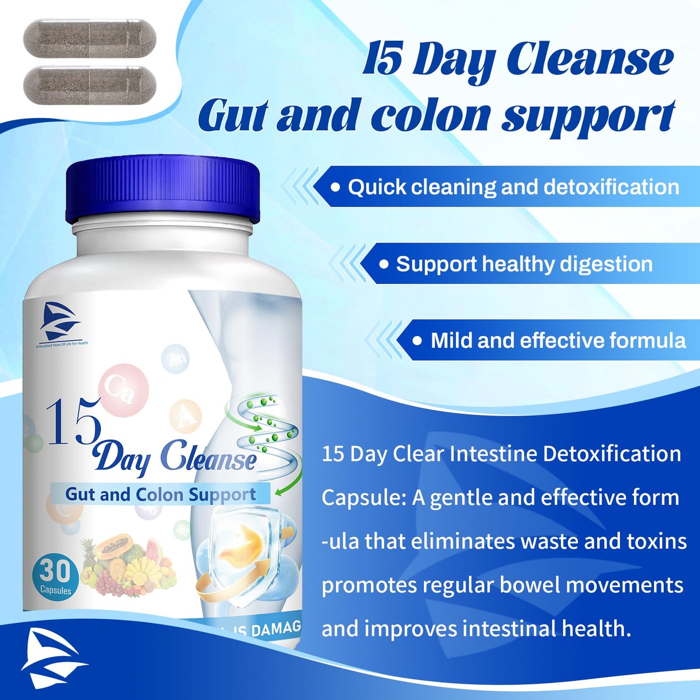 Generic 2024 New Formula 15 Day Gut Cleanse - Gut and Colon Support, 15 Day Cleanse Bowel Dissolving Capsules, Advanced Formula with Senna, Cascara Sagrada & Psyllium Husk, 30 Capsules/Bottle (1pc)
