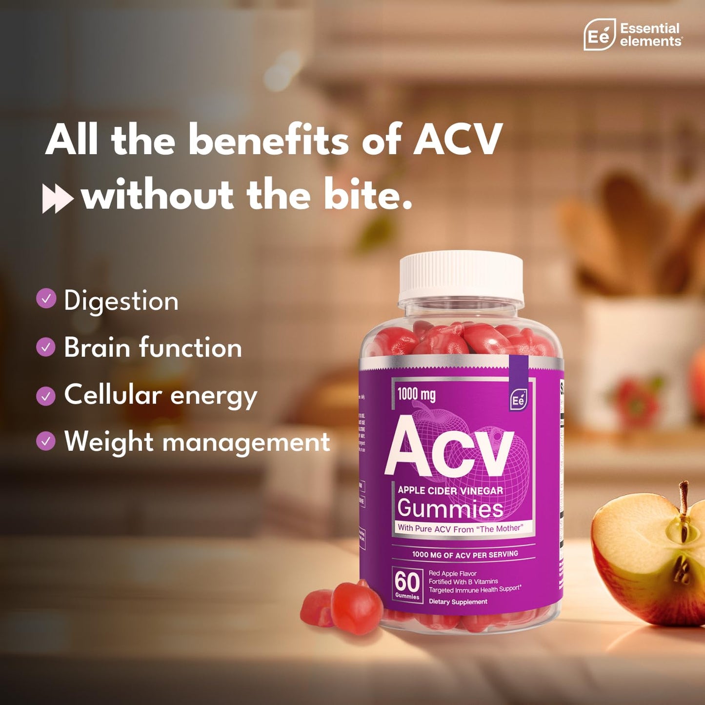 Essential Elements Apple Cider Vinegar Gummies from The Mother - Naturally-Sourced, Vegan ACV with Folic Acid and Vitamin B6 & B12 60 Count