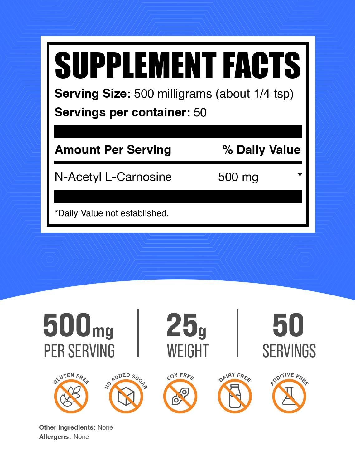 BulkSupplements.com N-Acetyl L-Carnosine Powder - Carnosine Supplement, N-Acetyl Carnosine 500mg - Gluten Free, 500mg per Serving, 25g (0.88 oz) (Pack of 1)